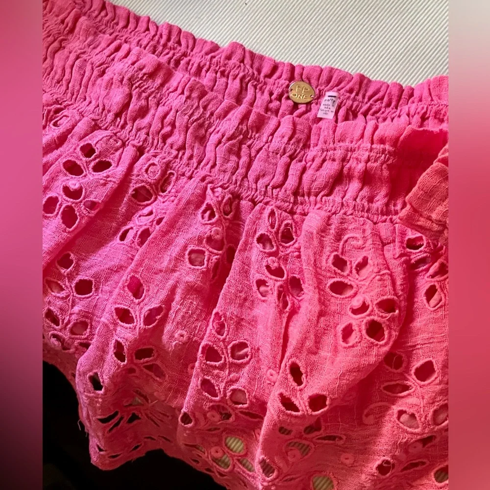NWOT FP One Perla Eyelet Lace Off-shoulder Hot Pink Crop Top